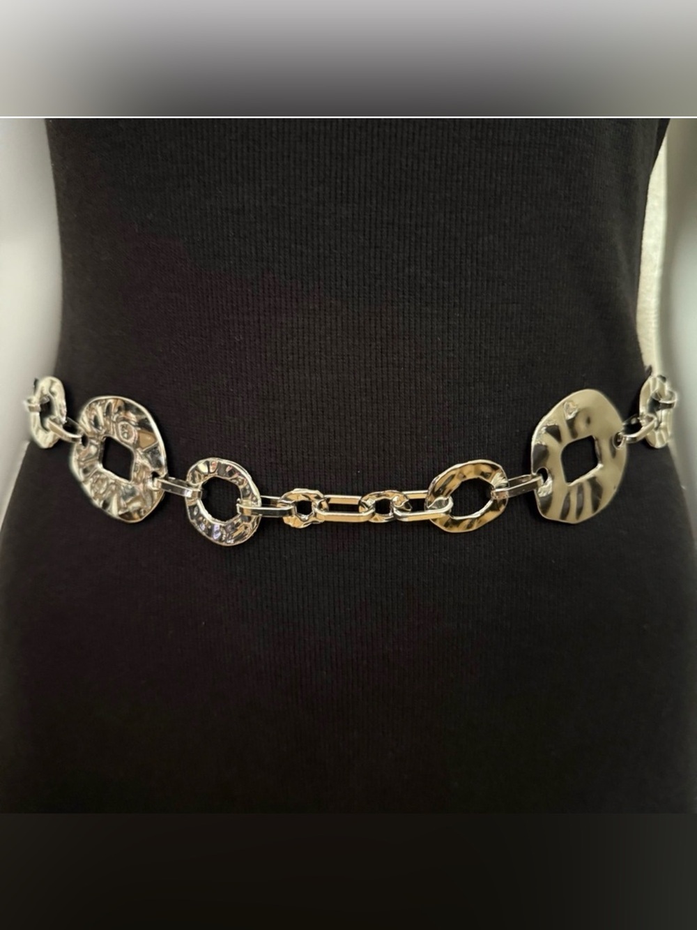 Silver tone metallic disc skinny chain belt